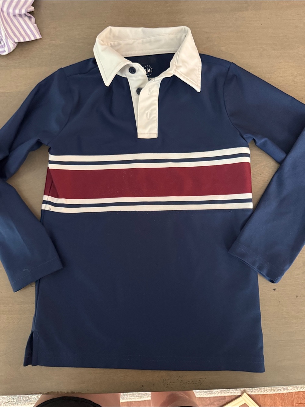 Boys courtside kids Navy Long-Sleeve Polo with Burgundy Stripe size 5/6